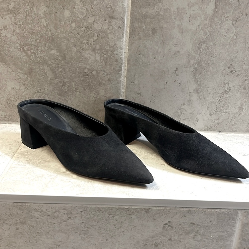 Vince Black Suede Block Heel Mules